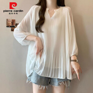 皮爾卡丹大碼女裝法式遮肚子短袖雪紡衫女夏季胖mm寬松顯瘦t恤上衣簡約 白色 M 80斤-100斤