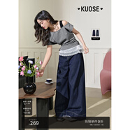 闊色（kuose）藍(lán)色設(shè)計(jì)感寬松闊腿直筒高腰牛仔褲女春夏季新款長褲子 藍(lán)色(純色） L