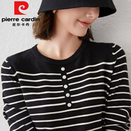 皮爾卡丹（pierre cardin）條紋長袖打底針織衫秋冬毛衣女短款韓版寬松羊毛休閑內(nèi)搭打底衫女 黑色 S