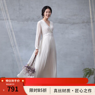 生活在左時裝周同款繡花桑蠶絲真絲連衣裙女裝修身中長款長裙子 白色 S