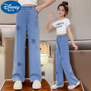 迪士尼（Disney）女童褲子夏裝洋氣兒童大童冰絲防蚊褲寬松夏季薄款天絲牛仔闊腿褲 補(bǔ)丁五角星 120 cm