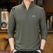 JEEP SPIRIT新款速干t恤男長袖高端立領(lǐng)休閑跑步健身上衣戶外半拉鏈冰絲體恤 軍綠色 L