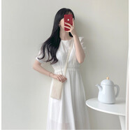 落跑姐妹 RUNAWAY SISTERS韓國鬼馬蕾絲拼接連衣裙少女中長款收腰短袖白dress 白色 S