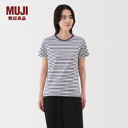 無印良品（MUJI）女式 天竺編織 圓領(lǐng)短袖T恤 上衣打底衫女款25年夏季女裝內(nèi)搭 煙熏藍(lán)色條紋 BB2P4C5S XL (165/92A)