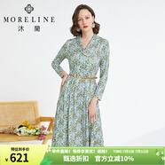 MORELINE沐蘭優(yōu)雅印花連衣裙2023年秋新款女士田園小碎花中長款百搭 綠花 42/XL