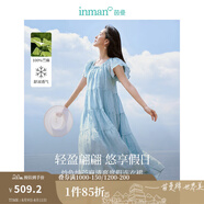 茵曼（INMAN）【苧麻】炒色度假風(fēng)連衣裙2025夏季新品女裝復古高級飛袖長(cháng)裙子 古藍色內里加長(cháng)版 M