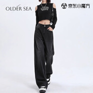 OLDER SEA黑灰色高腰牛仔褲女夏季2025新款顯瘦寬松垂感闊腿褲女直筒褲子女 黑灰色 L 建議109-118斤
