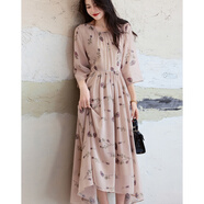 德瑪納【飄逸70D雪紡】夏季法式碎花圓領(lǐng)收腰優(yōu)雅大擺氣質(zhì)女式連衣裙