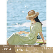 茵曼（INMAN）七七同款連衣裙2025夏女裝新款田園純棉提花方領(lǐng)A字泡泡袖蛋糕裙 淡綠色 L