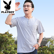 花花公子（PLAYBOY）爸爸裝40-50歲短袖t恤男中老年純棉夏裝打底汗衫休閑寬松爸爸上衣 淺灰【Y領(lǐng)款】 XL