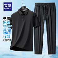 羅蒙（ROMON）【冰絲涼感】短袖t恤男2025夏季新款精致格高彈無(wú)痕Polo衫男 黑色【上衣】+黑色【褲子】 M (170) 【建議100-115斤】