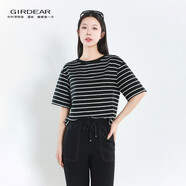 哥弟（GIRDEAR）女裝上衣運動(dòng)半袖新款薄荷曼波圓領(lǐng)套頭短袖T恤衫女1300790-1  黑條紋 L (4碼)