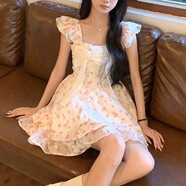 旻勝連衣裙夏季小清新碎花紗裙甜美小個子蓬蓬公主裙收腰顯瘦A字裙 米白色 L 【偏小一碼】