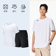 安踏（ANTA）速干套裝丨男運動(dòng)短袖短褲夏跑步套裝足球套裝訓練服兩件套晨練服 【性?xún)r(jià)比速干套】上衣白+褲裝黑 L/175