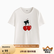 茵曼（INMAN）純棉印花釘珠短袖T恤女2025夏季蝴蝶結(jié)櫻桃寬松百搭休閑上衣 白色-櫻桃 L