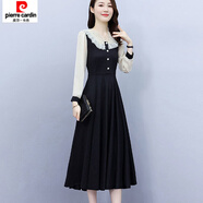 皮爾卡丹（pierre cardin）連衣裙大碼女裝新款減齡收腰顯瘦時(shí)尚網(wǎng)紗中長(cháng)款拼接長(cháng)袖裙子洋氣 黑色 拼白 M (建議85-105斤)