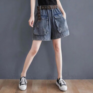 韓絲梵牛仔短褲女夏季新款寬松韓版高腰顯瘦闊腿褲休閑百搭五分褲裙女 713藍色【配腰帶】 XL 【建議140-160斤】