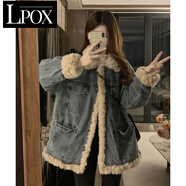 LPOX棉服女美式復古牛仔外套拼接加厚保暖冬季女設計感毛毛領棉衣 藍色[2890款]（這款有貨） S