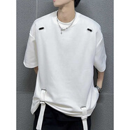 POUM短袖t恤男夏季新款寬松休閑男生體恤可調節綁帶設計感男裝上衣服 NJN-CC11白色 XL