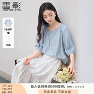 香影中袖襯衫女圓領2025夏裝新款慵懶泡泡袖氣質(zhì)淑女寬松藍色上衣 藍色 M 160/84A/95-110斤
