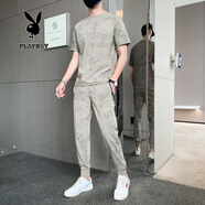 花花公子潮牌短袖t恤男士套裝夏季迷彩字母冰絲短袖褲子一套運(yùn)動(dòng)男裝衣服 CY2205卡其(搭配拉鏈長褲) M/165