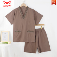 貓人（MiiOW）純棉麻足浴汗蒸服男款足療店客人衣服洗浴中心睡衣足道湯泉桑拿服 咖色長城邊 3XL