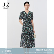 玖姿·安娜蔻輕熟風(fēng)印花雪紡輕薄收腰蛋糕裙連衣裙女2024夏款 花咖啡 L