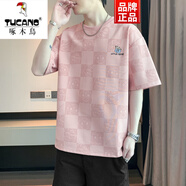 啄木鳥粉色刺繡棋盤格短袖t恤男士夏季潮流印花圓領(lǐng)潮牌休閑半袖體恤衫 8886粉色 3XL