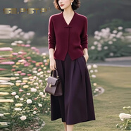 夏典素訂女王（SE.PSTP）時(shí)尚休閑紫紅色上衣搭配半身裙兩件套修身顯瘦裙子套裝春秋季新款 酒紅色針織上衣+半身裙杭州今年 2XL (125-140斤)