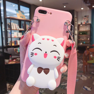 葉余零錢包iPhone6s/7/X手機殼8plus斜跨蘋果6plus/8/11pro卡通XR女款 斜跨鏈零錢包-粉色-招財貓 iPhone6s  4.7寸