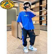G.duck小黃鴨男童夏裝短袖套裝洋氣9歲休閑運動(dòng)大童九分褲男孩春秋衣服 藍色夏季套裝 150 cm