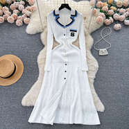 NTKW跨境歐美新款POLO領(lǐng)Dress女裝氣質(zhì)修身針織連衣裙女夏長裙 長袖白色 S