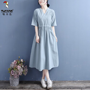 啄木鳥(niǎo)棉麻刺繡短袖連衣裙女中國(guó)風(fēng)2025夏季抽繩斜襟文藝復(fù)古寬松連衣裙 青藍(lán)#左肩襟刺繡抽繩連衣裙 2XL
