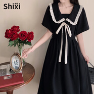 世希大碼胖mm減齡少女學(xué)院風(fēng)娃娃領(lǐng)連衣裙夏季收腰顯瘦黑色短袖長裙子 黑色 M 建議80-100斤