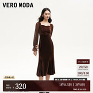 VEROMODA連衣裙2024秋季女裝新款天鵝絨拼接網(wǎng)紗魚(yú)尾長(cháng)裙鉆石領(lǐng)東方簡(jiǎn)奢風(fēng) 紗袖絲絨裙-苛熱棕色 XL
