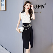 JPN香港潮牌無袖V領(lǐng)連衣裙女氣質(zhì)名媛高端2025夏新款時(shí)尚撞色職業(yè)裙 白色 M