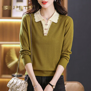 夏典素訂女王（SE.PSTP）翻領(lǐng)針織上衣春秋時(shí)尚洋氣媽媽打底衫秋裝2025年新款女裝秋冬毛衣 芥黃杭州今年流行的輕奢品質(zhì) 2XL 【128-138斤穿】