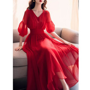 何佳功沙灘裙超仙海邊 2024新款氣質(zhì)紅色V領(lǐng)雪紡泡泡袖沙灘裙超長(cháng)裙長(cháng)款 紅色 2XL 建議120-130斤