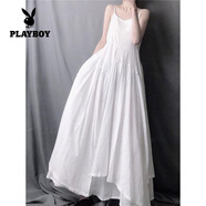 花花公子（PLAYBOY）撿漏文藝森系不規(guī)則大擺吊帶連衣裙超仙女棉亞麻背心長裙子 白色 L 建議130斤以下
