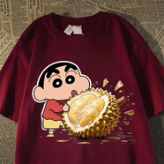 吉賽倫蠟筆小新短袖t恤 甜美可愛(ài)日系榴蓮男女寬松高街夏季ins風(fēng)上衣 酒紅 XL 【120-135斤】