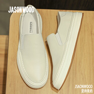 JASONWOOD正品2025新款輕奢男鞋真皮透氣防滑舒適輕彈戶外休閑一腳蹬鞋 白色【正品男鞋】 38 (240mm)