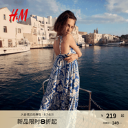 H&M女裝連衣裙2025夏季新款吊帶印花海邊度假風寬松連身裙1290424 藍色 XL 175/116