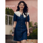 歌芭杉（GEBASHAN）品牌女裝復(fù)古赫本風(fēng)海軍領(lǐng)連衣裙女2025夏季顯瘦高級(jí)感復(fù)古中長(zhǎng)裙 寶藍(lán)色短款 M