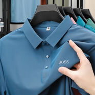 BOSS德國B(niǎo)OSS夏季短袖T恤薄款桑蠶絲無(wú)痕商務(wù)休閑男士翻領(lǐng)POLO衫上衣 霧霾藍 XL  130-145斤