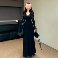 靈佰詩(shī)奴樂(lè)赫本風(fēng)黑色v領(lǐng)針織連衣裙子女早春季2025新款配大衣內(nèi)搭打底定制 黑色長(zhǎng)裙/連身裙子/秋冬連衣裙/ S 40/45KG/氣質(zhì)連衣裙/裙子女秋