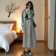 敏潮格倫 中長(cháng)款過(guò)膝純棉長(cháng)袖連衣裙女秋季森系新款洋氣寬松卡通開(kāi)叉t恤裙 灰色背包魚(yú) M