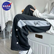 NASA BASE休閑褲男夏季薄款chic歐美風(fēng)排扣拼接直筒寬松闊腿運動(dòng)學(xué)生褲子男 黑色 XL 【建議120-130斤】