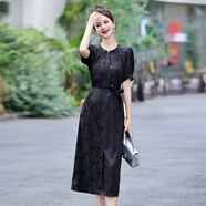 王小鴨王小鴨新中式連衣裙女2025夏新款系帶收腰顯瘦垂感復(fù)古氣質(zhì)長裙 黑色 M