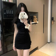 入秋謠辣妹黑色v領(lǐng)扭結短袖連衣裙女夏季修身顯瘦短裙子氣質(zhì)收腰包臀裙 黑色 S