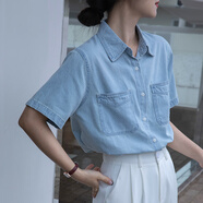 無標(biāo)優(yōu)品女襯衣2025年新款夏牛仔襯衫女半袖夏季設(shè)計感小眾襯衣港 淺藍(lán)色 短袖 L